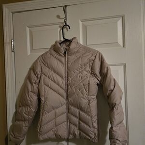 PATAGONIA DOWN FILLED FULL ZIP PUFFER JACKET.  TAN. SIZE SMALL.